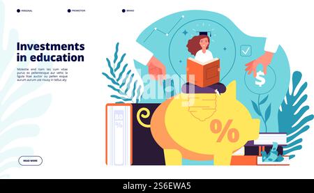 Investitionen in Bildung. Investitionen in Wissenslernende Schüler, Bildungsstipendium, finanzieller Businessplan Vektorentwurf. Bildungsschulkredit, Schüler mit Stipendienillustration. Investitionen in Bildung. Investitionen in Wissenslernende Schüler, Bildungsstipendien, finanzielle Businessplan Vektor-Webdesign Stock Vektor
