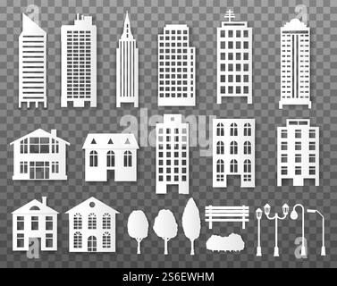 Papiergebäude. Origami-Stadthäuser in Papierform. Papphochhäuser mit Laternen, Bäumen und Bänken, Büschen. Weiße urbane Vektorelemente mit Schatten. Illustration Papierschnitt, Wolkenkratzer und Bäume. Papiergebäude. Origami-Stadthäuser in Papierform. Papphochhäuser mit Laternen, Bäumen und Bänken, Büschen. Weiße urbane Vektorelemente mit Schatten Stock Vektor