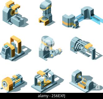 Industriemaschinen. Maschinenproduktion Arbeitsfabrikausrüstung Schleifmaschine Kran Säge Vektor Schwerindustrie isometrische Bilder. Industrieausrüstung, Maschinenproduktion, Fertigungsdarstellung. Industriemaschinen. Maschinenproduktion Arbeitsfabrikausrüstung Schleifmaschine Kran Säge Vektor Schwerindustrie isometrische Bilder Stock Vektor