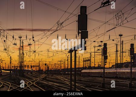 Gleisvorfeld mit Zügen, Schienen, Punkten, Pylonen und Signalanlagen. Infrastruktur am Hauptbahnhof. Sonnenuntergang. Frankfurt am Main, Hessen, Deutschland, Stockfoto