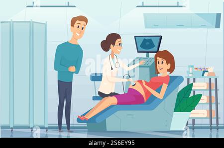 Pflegeschwangerschaft. Glückliche Familie Paare Klinik am Arzt Berater Baby Scanning Sonogramm schwangere Untersuchung Person Vektor Hintergrund. Abbildung der schwangeren Patientin und der Untersuchungsfrau. Pflegeschwangerschaft. Glückliche Familie Paare Klinik am Arzt Berater Baby Scanning Sonogramm schwangere Untersuchung Person Vektor Hintergrund Stock Vektor