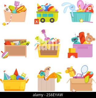 Spielzeugbox. Geschenke für Kinder im Paket viele Spielzeug Auto Rakete Zug Vektor Zeichentrickgrafiken. Rakete und Auto, Zug und Bär, Ball und Flugzeug. Spielzeugbox. Geschenke für Kinder im Paket viele Spielzeug Auto Rakete Zug Vektor Zeichentrickgrafiken Stock Vektor