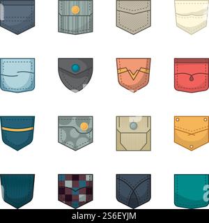 Farbige Taschen. Patches und Stofftaschen für Kleidertaschen Hemd Denim Jacken Vektor-Kollektion. Aufgesetzte Tasche mit Illustration, Stoffbekleidung mit Nähten. Farbige Taschen. Patches und Stofftaschen für Kleidertaschen Hemd Denim Jacken Vektor-Kollektion Stock Vektor