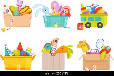 Spielzeugbox. Kinder Spielzeug Autos Rakete Fußball Bär Geschenke für Kinder Vektor Pakete Sammlung. Spielzeugbox mit Rassel und Maschine, Flugzeug und Teddyillustration. Spielzeugbox. Kinder Spielzeug Autos Rakete Fußball Bär Geschenke für Kinder Vektor Pakete Sammlung Stock Vektor