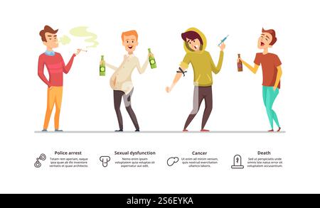 Sucht gefährlich. Gefahr von Alkoholismus, Drogen, Rauchen Illustration. Männliche Vektorzeichen der sucht. Suchtgewohnheit, Rauch und Drogen. Sucht gefährlich. Gefahr von Alkoholismus, Drogen, Rauchen Illustration. Männliche Vektorzeichen der sucht Stock Vektor