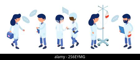 Arztpersonal. Medizinische Teamkommunikation. Vektorillustration für isometrische Doctor-Zeichen. Krankenhauspersonal isometrisch, Ärzte Menschen und Praktiker. Arztpersonal. Medizinische Teamkommunikation. Vektorillustration für isometrische Doctor-Zeichen. Krankenhauspersonal Stock Vektor