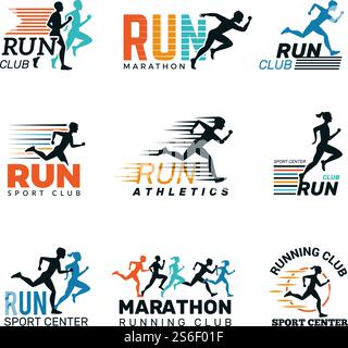 Lauflogo. Marathonclub-Abzeichen Sport-Symbole Schuhe und Beine springend Running People Vektor-Kollektion. Sportgeschwindigkeit, Fitness-Läufer-Distanz, Clublauf-Illustration. Lauflogo. Marathonclub-Abzeichen Sport-Symbole Schuhe und Beine springend Running People Vektor-Kollektion Stock Vektor