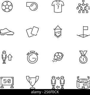 Fußballsymbol. Fußball Sport Symbole gelbe Karte Ball Stadion Schuhe Hemd und Trophäen Vektor lineare Kollektion. Illustration Stadion und Pfeifsymbole, Fußballwettbewerb. Fußballsymbol. Fußball Sport Symbole gelbe Karte Ball Stadion Schuhe Hemd und Trophäen Vektor lineare Kollektion Stock Vektor