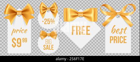 Verkaufsetiketten. Goldene Seidenschleifen und Werbeabzeichen. Vektor Feiertage Verkaufsetiketten mit dekorativen Satinbändern isoliert auf transparentem Hintergrund. Illustrationen kostenlos erhältlich, Satinetikett für Marketing. Verkaufsetiketten. Goldene Seidenschleifen und Werbeabzeichen. Vektor Feiertage Verkaufsetiketten mit dekorativen Satinbändern isoliert auf transparentem Hintergrund Stock Vektor