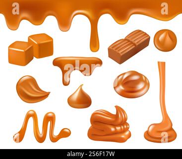 Karamell realistisch. Süßigkeiten flüssige Lebensmittel Soßen Karamell Tropfen und Spritzer Vektor Sammlung. Abbildung Irisablauf, Würfelfluss und Schmelzfluss. Karamell realistisch. Süßigkeiten flüssige Lebensmittel Soßen Karamell Tropfen und Spritzer Vektor Sammlung Stock Vektor