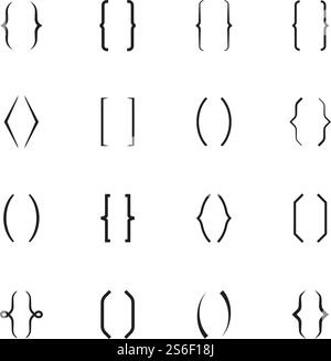 Klammern. Elemente mit geschweiften Texten in Anführungszeichen drucken Klammern und Vektorsammlung. Schwarze Klammern für Zitatnachricht oder Notiz, Darstellung von Zitaten in Kommunikationssprache. Klammern. Elemente mit geschweiften Texten in Anführungszeichen drucken Klammern und Vektorsammlung Stock Vektor