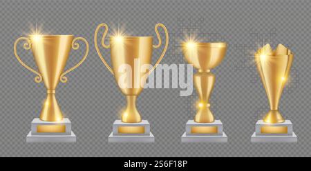 Goldene Trophäe. Realistische Golden Award Cups Kollektion. Glanztrophäen isoliert auf transparentem Hintergrund. Illustration Gold Award und Trophäe realistisch. Goldene Trophäe. Realistische Golden Award Cups Kollektion. Glanztrophäen isoliert auf transparentem Hintergrund Stock Vektor