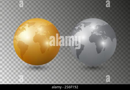 Gold-Silber-Erde. 3D-Modelle des Erdplaneten Vektorillustration. Planet isoliert auf transparentem Hintergrund. 3D-Weltplanete Silber und Gold, goldene Kugelkarte. Gold-Silber-Erde. 3D-Modelle des Erdplaneten Vektorillustration. Planet isoliert auf transparentem Hintergrund Stock Vektor