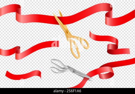 Zeremonie-Bänder. 3D-Schere, große Öffnungsbänder auf transparentem Hintergrund. Vektor goldene silberne Schere und rote Seidenbanner. Schleifenschere Zeremonie, großes Ereignis beginnt Illustration. Zeremonie-Bänder. 3D-Schere, große Öffnungsbänder auf transparentem Hintergrund. Vektor goldene silberne Schere und rote Seidenbanner Stock Vektor