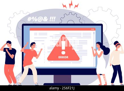 Computerfehler. Warnungen nicht verfügbare Seitenbenutzer, Aufmerksamkeitssymbol Warnungen bei Problemen, wütende Clients in der Nähe des Monitorgeräts, Vektorkonzept. Computerfehler, Warnmeldung, Abbildung der Sicherheitswarnung. Computerfehler. Warnungen nicht verfügbare Seitenbenutzer, Aufmerksamkeitssymbol Warnungen bei Problemen, wütende Clients in der Nähe des Monitorgeräts, Vektorkonzept Stock Vektor