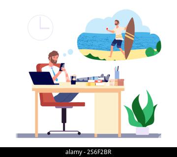 Träumender Mann. Der Büromanager träumt von Strandurlaub und Surf-Vektorkonzept. Illustration der Mann träumt vom Surfurlaub im Sommer. Träumender Mann. Der Büromanager träumt von Strandurlaub und Surf-Vektorkonzept Stock Vektor