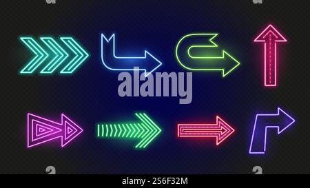 Neonpfeile. Helle leuchtende Pfeilschilder. Außenbeleuchtung der Nachtbar. Richtungselemente für Vektorbeleuchtung. Der Pfeil ist bunt für Barabende oder Kasino. Neonpfeile. Helle leuchtende Pfeilschilder. Außenbeleuchtung der Nachtbar. Richtungselemente für Vektorbeleuchtung Stock Vektor