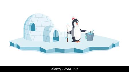 Glückliches Pinguinfischen. Weihnachtspinguin auf Eis und Eimer von Fisch Vektor Illustration. Karikaturtier isoliert auf weißem Hintergrund. Pinguinfischen im Eisloch, Winterhobby. Glückliches Pinguinfischen. Weihnachtspinguin auf Eis und Eimer von Fisch Vektor Illustration. Karikaturtier isoliert auf weißem Hintergrund Stock Vektor