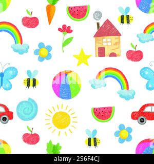 Kinder zeichnen Muster. Familie Eltern Pflanzen Spielzeug Kinder farbige Hand gezeichnete Objekte für Textildesign Vektor nahtlosen Hintergrund. Illustration nahtlose Muster Kritzelung, Zeichnung Kinder Tapete. Kinder zeichnen Muster. Familie Eltern Pflanzen Spielzeug Kinder farbige Hand gezeichnete Objekte für Textildesign Vektor nahtlosen Hintergrund Stock Vektor