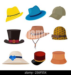 Cartoon-Hüte. Stylische Accessoires für Herren und Damen aus der Flatmode-Kollektion von Garderobe Headwear. Modesollektion für Damen und Herren, Kopfschmuck der Set-Illustration. Cartoon-Hüte. Stylische Accessoires für Herren und Damen aus der Flatmode-Kollektion von Garderobe Headwear Stock Vektor