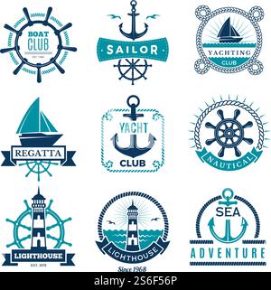 Schiffsetiketten. Nautisches Logo Segelboote Seil und Marine Knoten gerahmte Vektorabzeichen. Illustration Marine nautisches Logo, Anker und Lenkung Illustration. Schiffsetiketten. Nautisches Logo Segelboote Seil und Marine Knoten gerahmte Vektorabzeichen Stock Vektor
