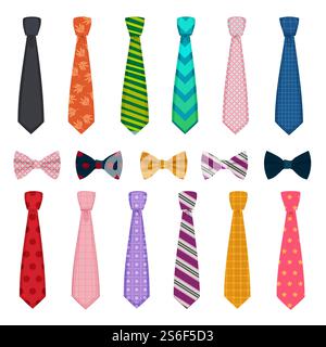 Bindeband und Schleifen. Farbige Mode Kleidung Accessoires für Männer Hemden Anzüge Vektorkollektionen von Krawatten. Schleife und Krawatte, Mann Accessoire Kleidung Illustration. Bindeband und Schleifen. Farbige Mode Kleidung Accessoires für Männer Hemden Anzüge Vektorkollektionen von Krawatten Stock Vektor
