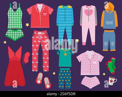 Schlafanzug-Set. Schlafkleidung Sammlung für Kinder und Erwachsene Nachtwäsche Textil Vektor farbige Karikaturillustration. Mode Kleidung für Schlafenszeiten, Textil Kleidung Nachtwäsche. Schlafanzug-Set. Schlafkleidung Sammlung für Kinder und Erwachsene Nachtwäsche Textil Vektor farbige Karikaturabbildungen Stock Vektor