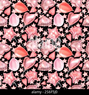 Valentines Hand gezeichnetes nahtloses Muster mit Ballons in verschiedenen Formen Sterne, Kugeln, Herzen. Aquarellabbildung dekorativer Elemente Stockfoto