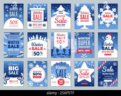 Winter-Aktionskarten. Season bietet Werbebanner Etiketten für den besten Preis Werbevektorvorlage. Werberabatt für Illustrationen, Angebotspreise. Winter-Aktionskarten. Season bietet Werbebanner Etiketten für den besten Preis Werbevektorvorlage Stock Vektor