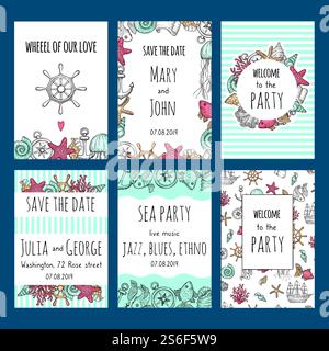 Speichern Sie Datumskarten. Nautische Symbole Segelboot Muscheln Knoten Fisch Marine Design Vorlage der Einladung Feier Hochzeit Vektorkarten. Abbildung speichern Datum der nautischen Partei. Speichern Sie Datumskarten. Nautische Symbole Segelboot Muscheln Knoten Fisch Marine Design Vorlage der Einladung Feier Hochzeit Vektorkarten Stock Vektor
