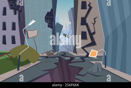 Beschädigte Stadt. Zerstörte urbane Landschaft zerrissener Boden und Häuser eingestürzt Natur Katastrophenfehler Vektor Karikaturhintergrund. Illustration Katastrophe Erdbeben Gebäude, Stadt Beben und Zerstörung. Beschädigte Stadt. Zerstörte urbane Landschaft zerrissener Boden und Häuser eingestürzt Natur Katastrophenfehler Vektor Karikaturhintergrund Stock Vektor