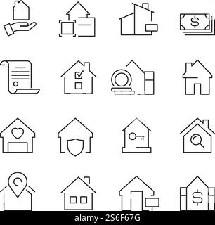 Immobiliensymbole. Business Marketing Verkauf beherbergt Geldbesitzer Vektor Immobilien Bilder Sammlung. Geschäftsimmobilien, verkaufen und kaufen Gebäudeillustration. Immobiliensymbole. Business Marketing Verkauf beherbergt Geldbesitzer Vektor Immobilien Bilder Sammlung Stock Vektor