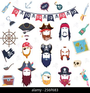 Piratenmaske. Maskerade Elemente Kostüme für Geburtstagsfeier Dekoration Haar Schnurrbart Bart Haken Vektor Konstruktor. Illustrationsstand Elemente Piratenmaske und Bandana. Piratenmaske. Maskerade Elemente Kostüme für Geburtstagsfeier Dekoration Haar Schnurrbart Bart Haken Vektor Konstruktor Stock Vektor
