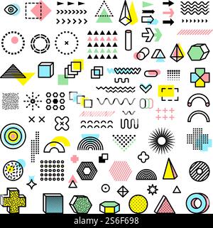 Memphis Design. Moderne Funkie grafische Mode Formen geometrische Formen Punkte Linien Dreiecke Kreise Vektorvorlagen. Abbildung memphis geometrisches Dreieck und trendige Elementform. Memphis Design. Moderne Funkie grafische Mode Formen geometrische Formen Punkte Linien Dreiecke Kreise Vektorvorlagen Stock Vektor