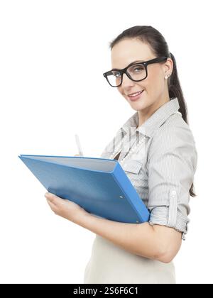 Eine Geschäftsfrau mit einem blauen Ordner und einen Bleistift Stockfoto