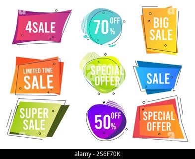 Banner. Farbige Formen trendige flache Werbebanner Preis Rabatt Shopping Werbung Vektor Elemente. Preisnachlass für Illustrationen, Marketingwerbung anbieten. Banner. Farbige Formen trendige flache Werbebanner Preis Rabatt Shopping Werbung Vektor Elemente Stock Vektor