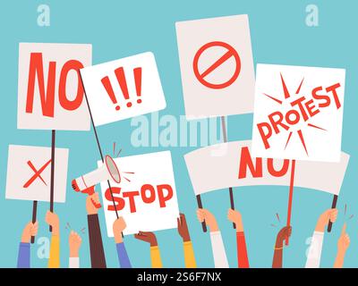 Demonstranten-Banner. Hand hält leere Plakate politischer Manifestationszeichen Vektor-Hintergrundkonzept. Protest und Demonstrator mit Megaphon, Freiheitsbewegung Illustration. Demonstranten-Banner. Hand hält leere Plakate politischer Manifestationszeichen Vektor-Hintergrundkonzept Stock Vektor