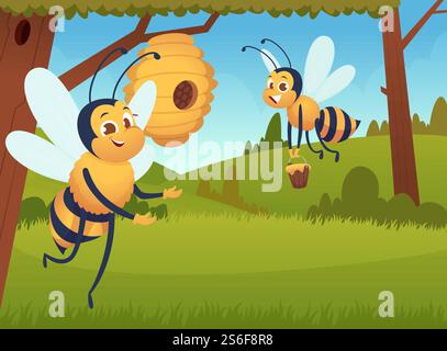 Hintergrund der Karikatur. Fliegende Blumen gelbe Insekten Bienenwaben Bienenvektorbiene Charaktere arbeiten. Honig und Insektenbiene, natürliche Süßigkeiten Illustration. Hintergrund der Karikatur. Fliegende Blumen gelbe Insekten Bienenwaben Bienenvektorbiene Charaktere arbeiten Stock Vektor