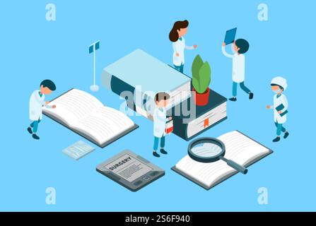 Medizinische Ausbildung. Medizinstudenten, chirurgisches isometrisches Konzept. Bücher, Ärzte Krankenschwester Charaktere. Illustration Ausbildung isometrische Medizin, Pflege und Behandlung. Medizinische Ausbildung. Medizinstudenten, chirurgisches isometrisches Konzept. Bücher, Ärzte Krankenschwester Charaktere Stock Vektor