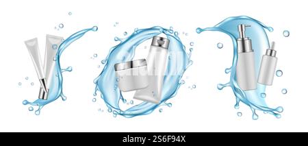 Realistische Kosmetikverpackungen, Wasserspritzer. Feuchtigkeitsspendende Kosmetik, Serum, Creme-Vektor-Set. Weiße Flaschen und Wasser. Realistisches Paket in blauem Wasser, kosmetische Illustration von Produkt zu Haut. Realistische Kosmetikverpackungen, Wasserspritzer. Feuchtigkeitsspendende Kosmetik, Serum, Creme-Vektor-Set. Weiße Flaschen und Wasser Stock Vektor