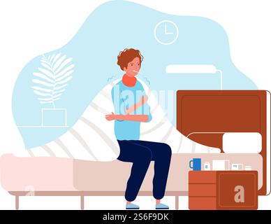 Person hat Grippe. Mann Krankheit Schmerz im Körper sitzend mit Druck Kopf Medikamente auf Tisch Vektor Kälte Grippe Charakter. Illustration Erkältung und Grippe, kranker Mann Charakter mit Thermometer. Person hat Grippe. Mann Krankheit Schmerz im Körper sitzend mit Druck Kopf Medikamente auf Tisch Vektor Kälte Grippe Charakter Stock Vektor