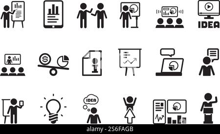 Symbol für Business Lektion. Präsentation Schulung Vortrag Veranstaltungen Konferenzen Klassenzimmer Treffen Personen Vektorsymbole Piktogramm. Geschäftsmann, der Bildungs-, Lern- und Schulungsillustration präsentiert. Symbol für Business Lektion. Präsentation Schulung Vortrag Veranstaltungen Konferenzen Klassenzimmer Treffen Personen Vektorsymbole Piktogramm Stock Vektor