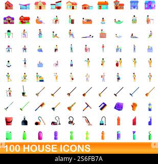 100 Haus-Symbole gesetzt. Cartoon-Illustration von 100 Haus-Icons Vektor-Set isoliert auf weißem Hintergrund. 100 Haus-Ikonen im Cartoon-Stil Stock Vektor