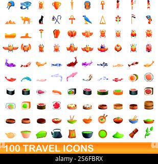 100 Reisesymbole eingestellt. Cartoon-Illustration von 100 Reise-Icons Vektor auf weißem Hintergrund isoliert gesetzt. 100 Reisesymbole, Zeichentrickstil Stock Vektor