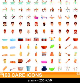 100 Einstellungen für Care-Symbole. Cartoon-Illustration von 100 Care-Icons Vektor-Set isoliert auf weißem Hintergrund. 100 Pflegesymbole im Cartoon-Stil Stock Vektor