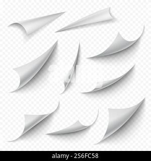 Gewellte Ecken. Leeres Buch Leere gekrümmte Seiten Falten abblätternd Bogen Aufkleber Kanten Vektor realistische Sammlung. Leere Seite weiß drehen, gewelltes Blatt leer. Gewellte Ecken. Leeres Buch Leere gekrümmte Seiten Falten abblätternd Bogen Aufkleber Kanten Vektor realistische Sammlung Stock Vektor