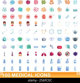 100 medizinische Symbole gesetzt. Zeichentrickillustration von 100 medizinischen Ikonen Vektor-Satz isoliert auf weißem Hintergrund. 100 medizinische Ikonen Set, Zeichentrickstil Stock Vektor