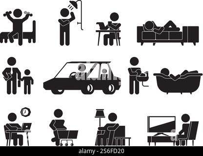 Symbol für den täglichen Lifestyle. Mann oder Frau tägliche Routine Morgen Aufwachen essen Computer arbeiten zu Hause Nacht schlafen Vektor Silhouetten. Illustration für Routineperson, Schlaf und Arbeit. Symbol für den täglichen Lifestyle. Mann oder Frau tägliche Routine Morgen Aufwachen essen Computer arbeiten zu Hause Nacht schlafen Vektor Silhouetten Stock Vektor