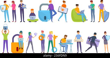 Datenschutzsymbole eingestellt. Zeichentricksatz von Datenschutzvektorsymbolen für Webdesign. Privatsphäre-Symbole gesetzt, Zeichentrickstil Stock Vektor