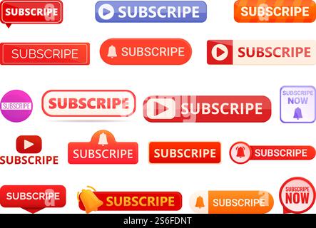 Abonnieren Sie die Symbole. Zeichentrickserie mit abonnierten Vektorsymbolen für Webdesign. Abonnieren Sie Symbole, Zeichentrickstil Stock Vektor